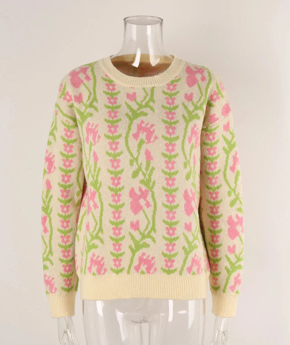 Floral & Geometric Patterned Crewneck Sweater for Women