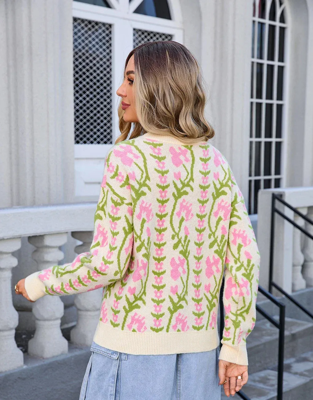 Floral & Geometric Patterned Crewneck Sweater for Women