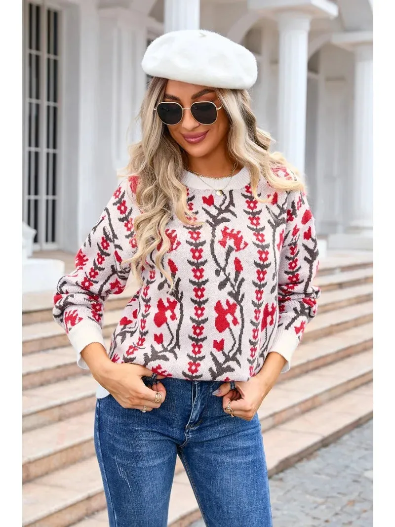 Floral & Geometric Patterned Crewneck Sweater for Women