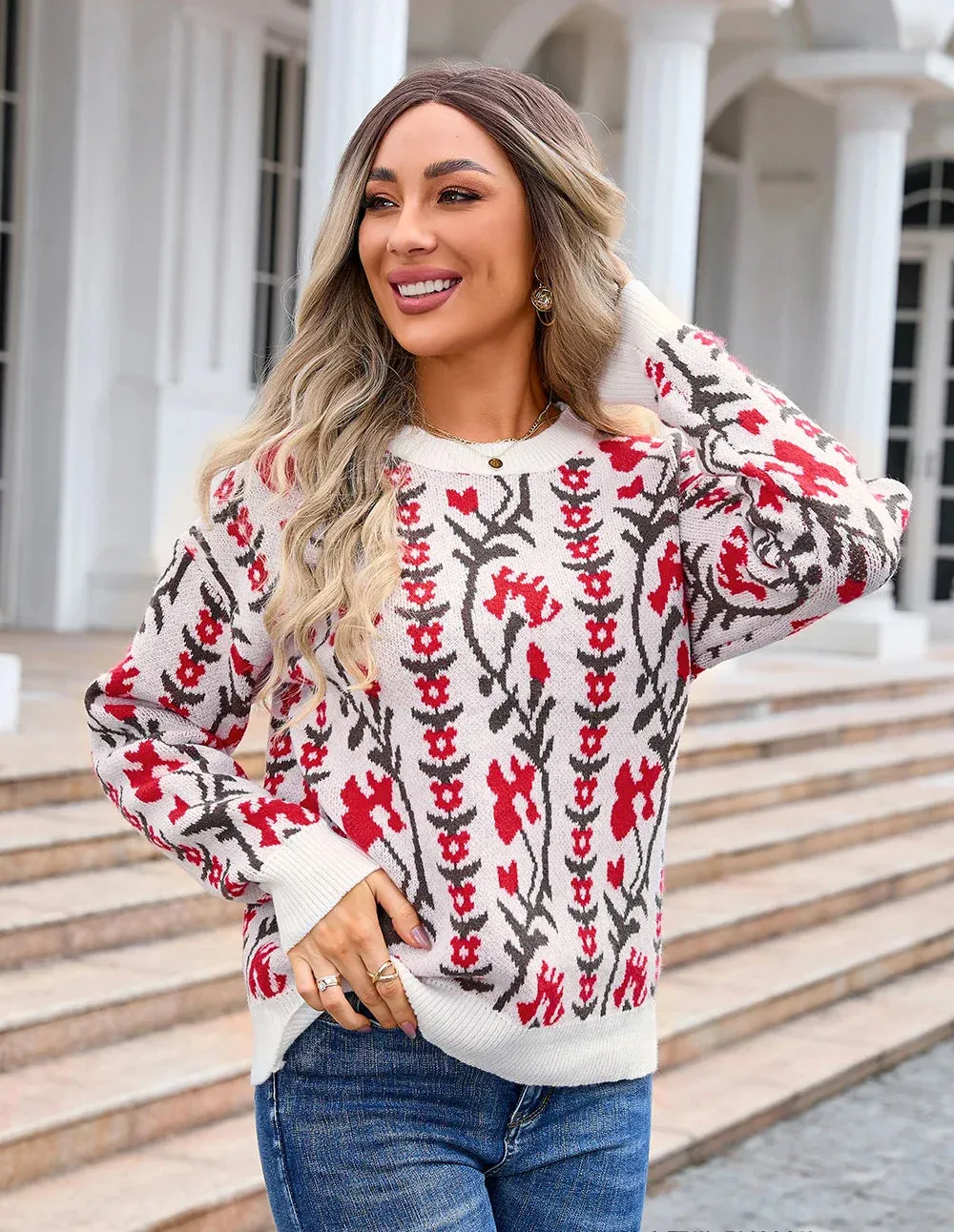 Floral & Geometric Patterned Crewneck Sweater for Women