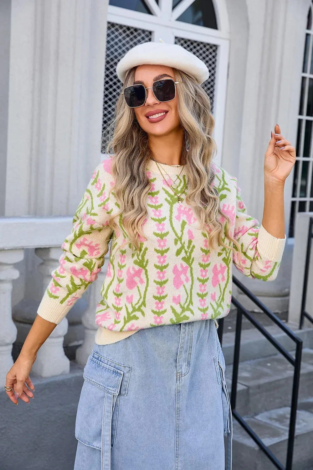 Floral & Geometric Patterned Crewneck Sweater for Women