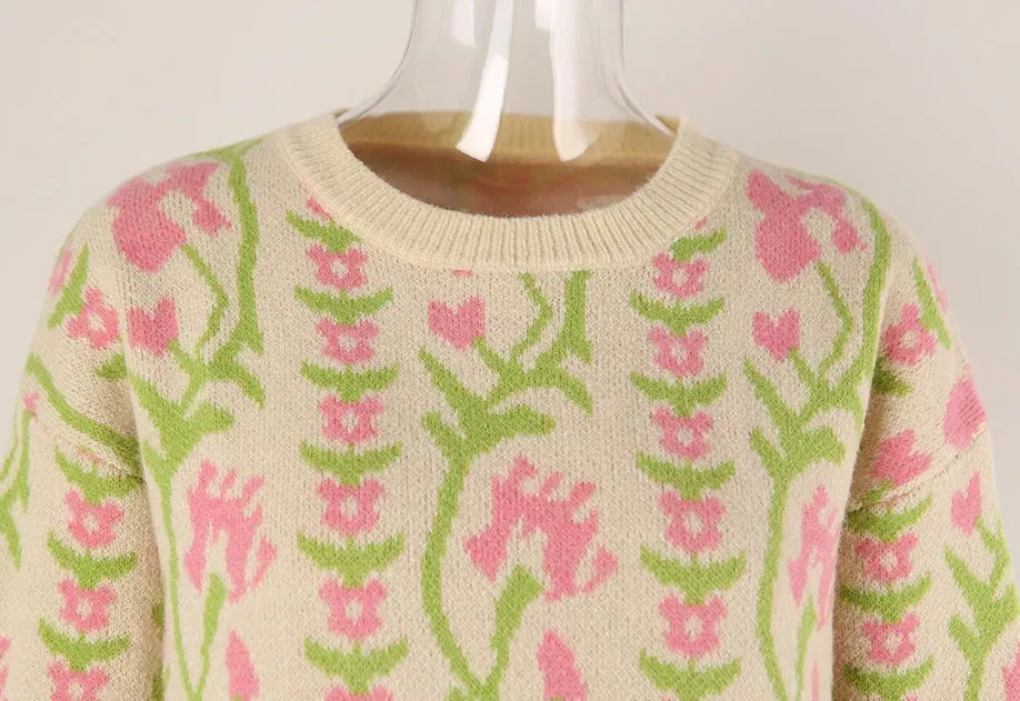 Floral & Geometric Patterned Crewneck Sweater for Women