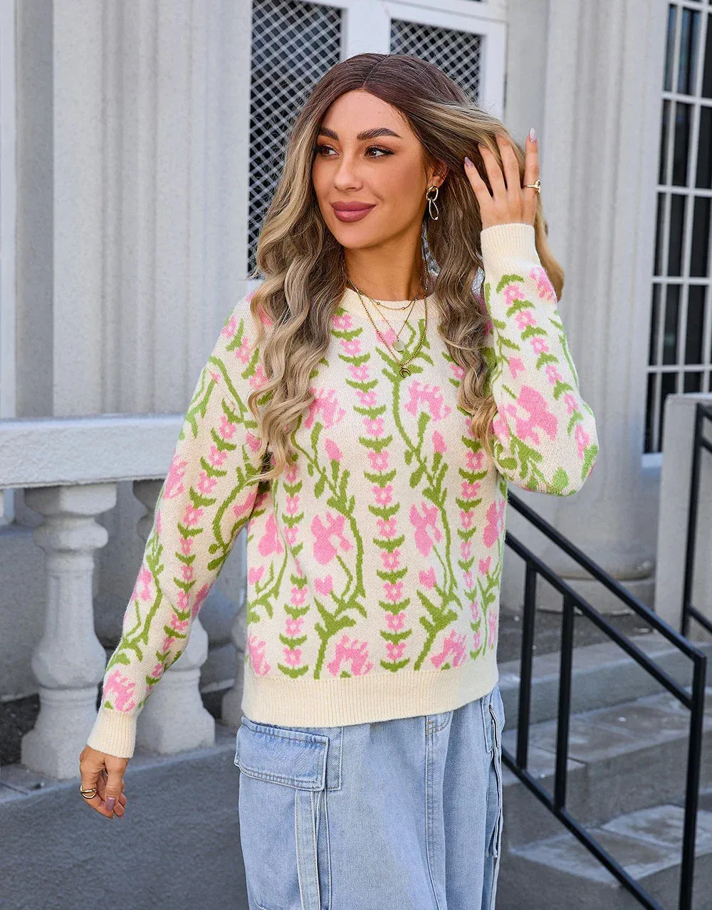 Floral & Geometric Patterned Crewneck Sweater for Women