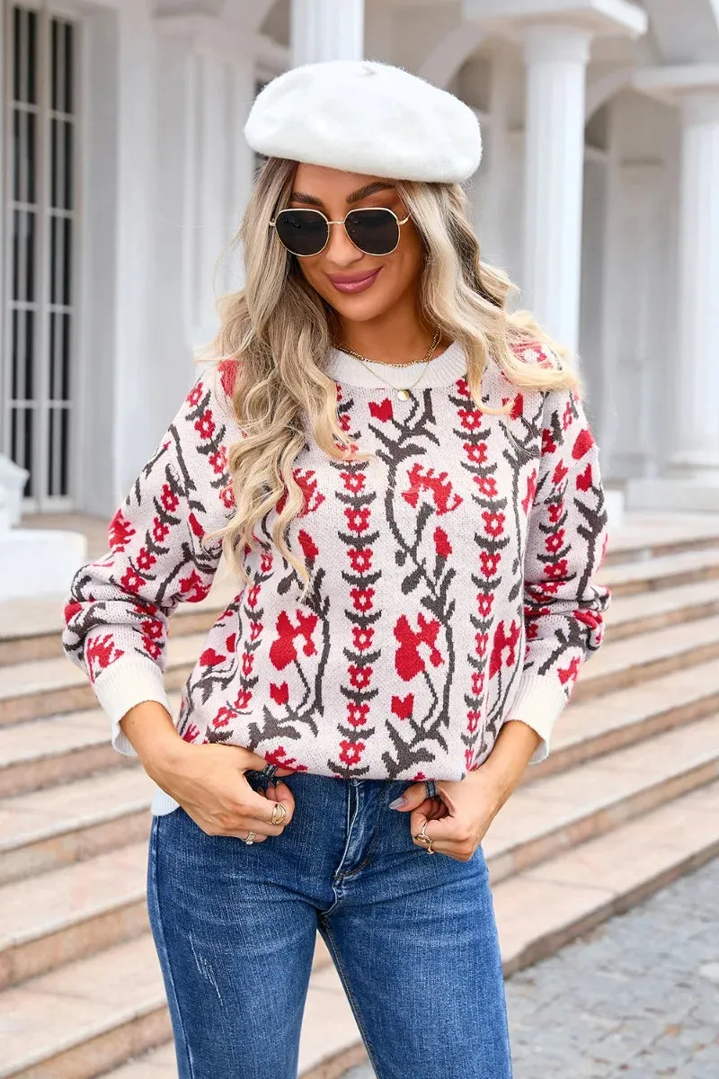 Floral & Geometric Patterned Crewneck Sweater for Women