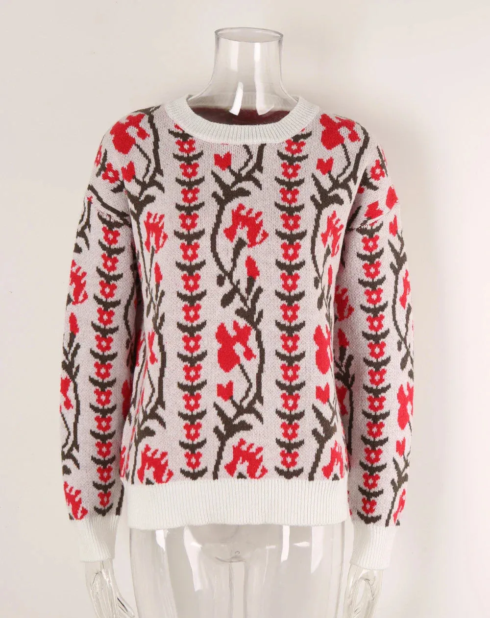 Floral & Geometric Patterned Crewneck Sweater for Women