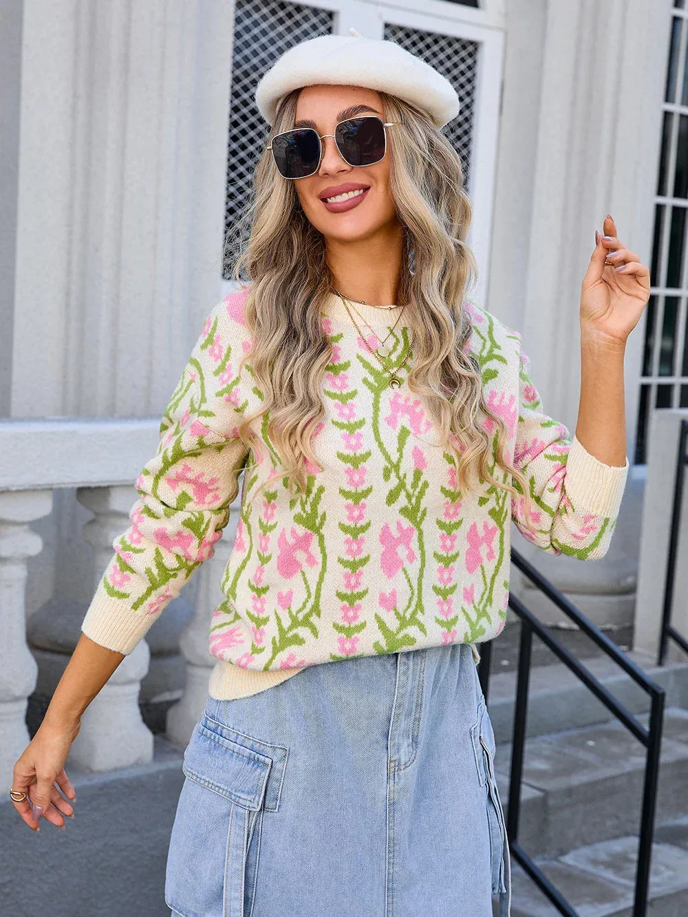 Floral & Geometric Patterned Crewneck Sweater for Women