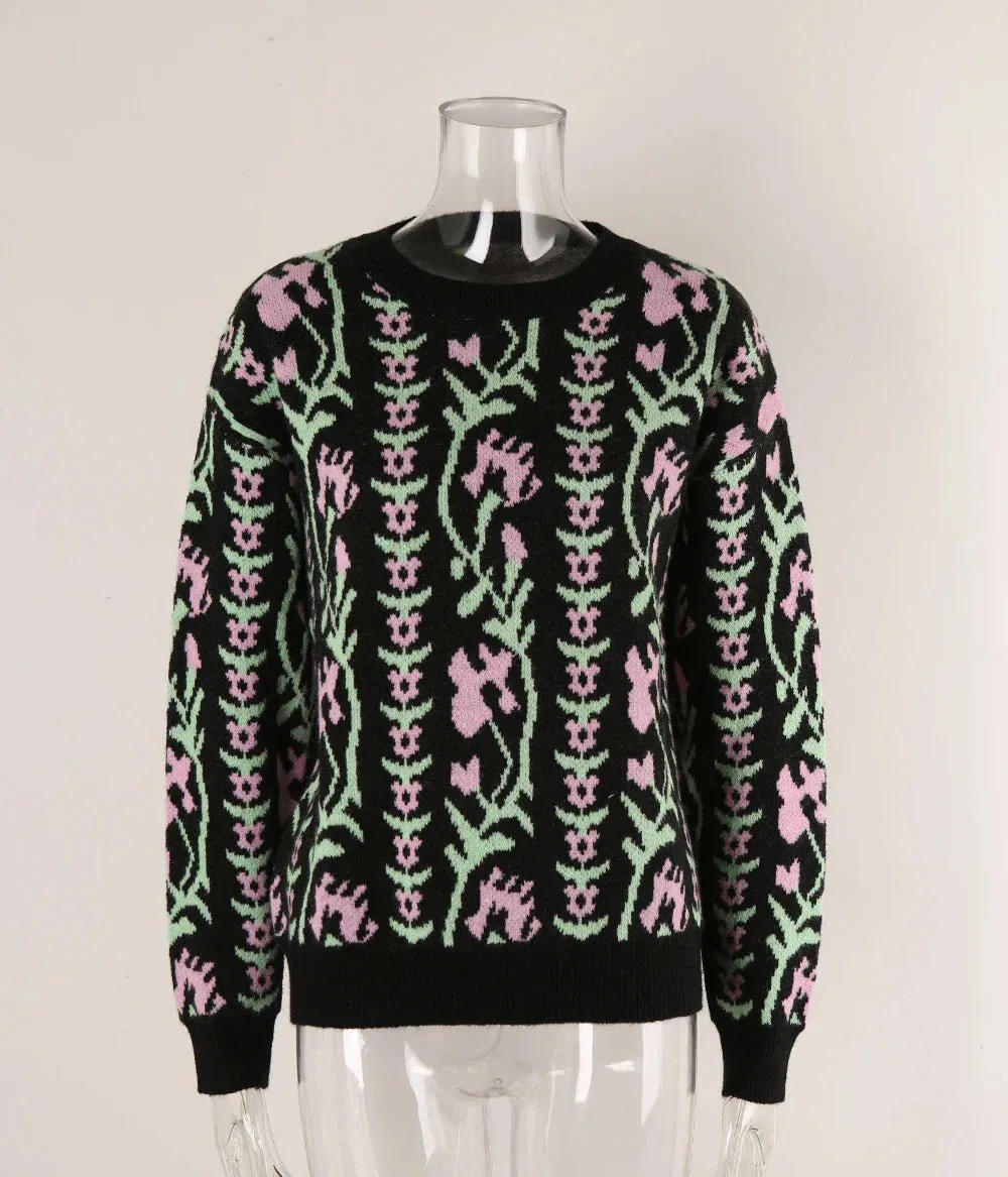 Floral & Geometric Patterned Crewneck Sweater for Women