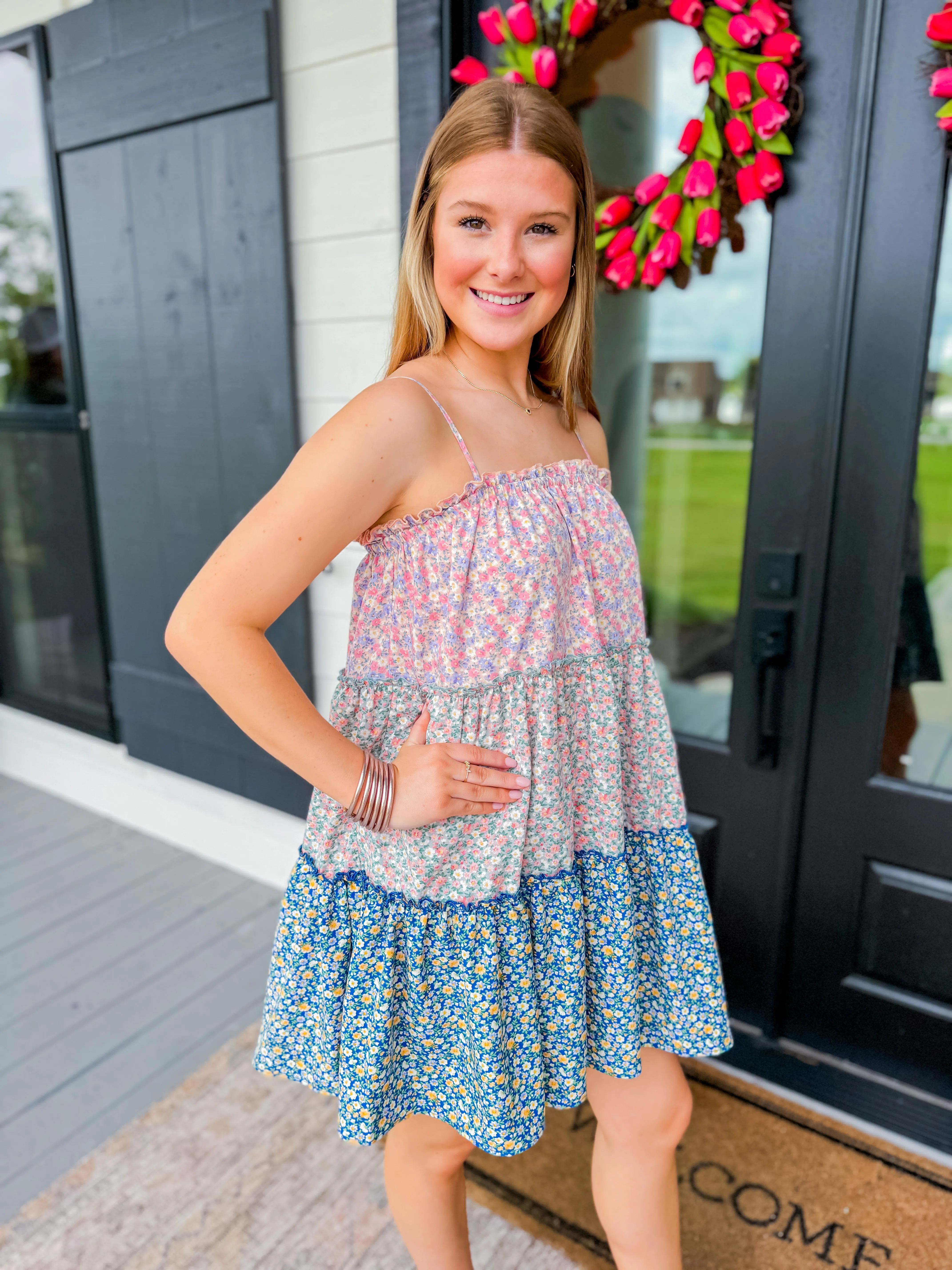 Floral Colorblock Tered Mini Dress