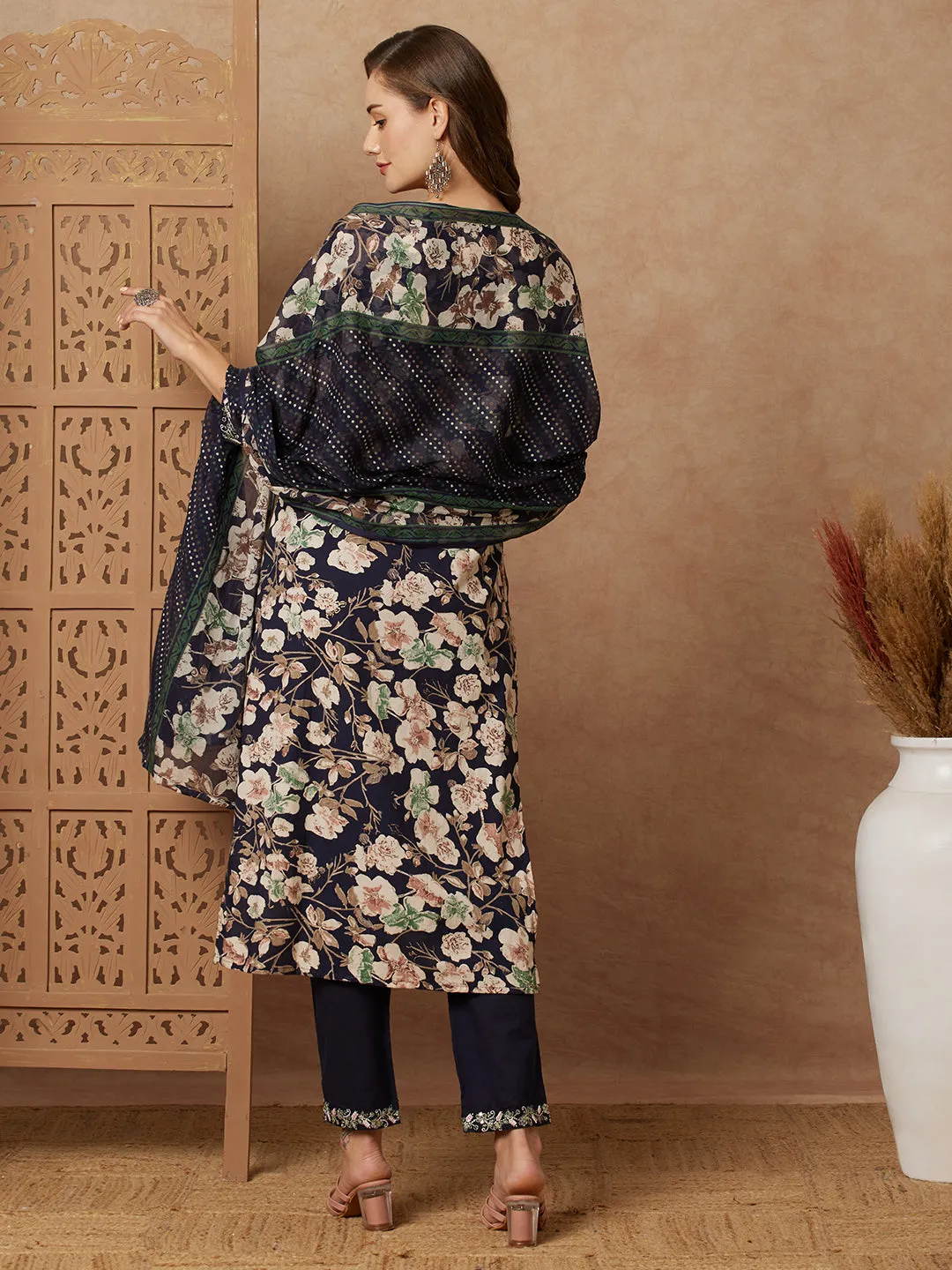 Floral Printed Straight Fit Kurta with Pant & Dupatta - Navy Blue