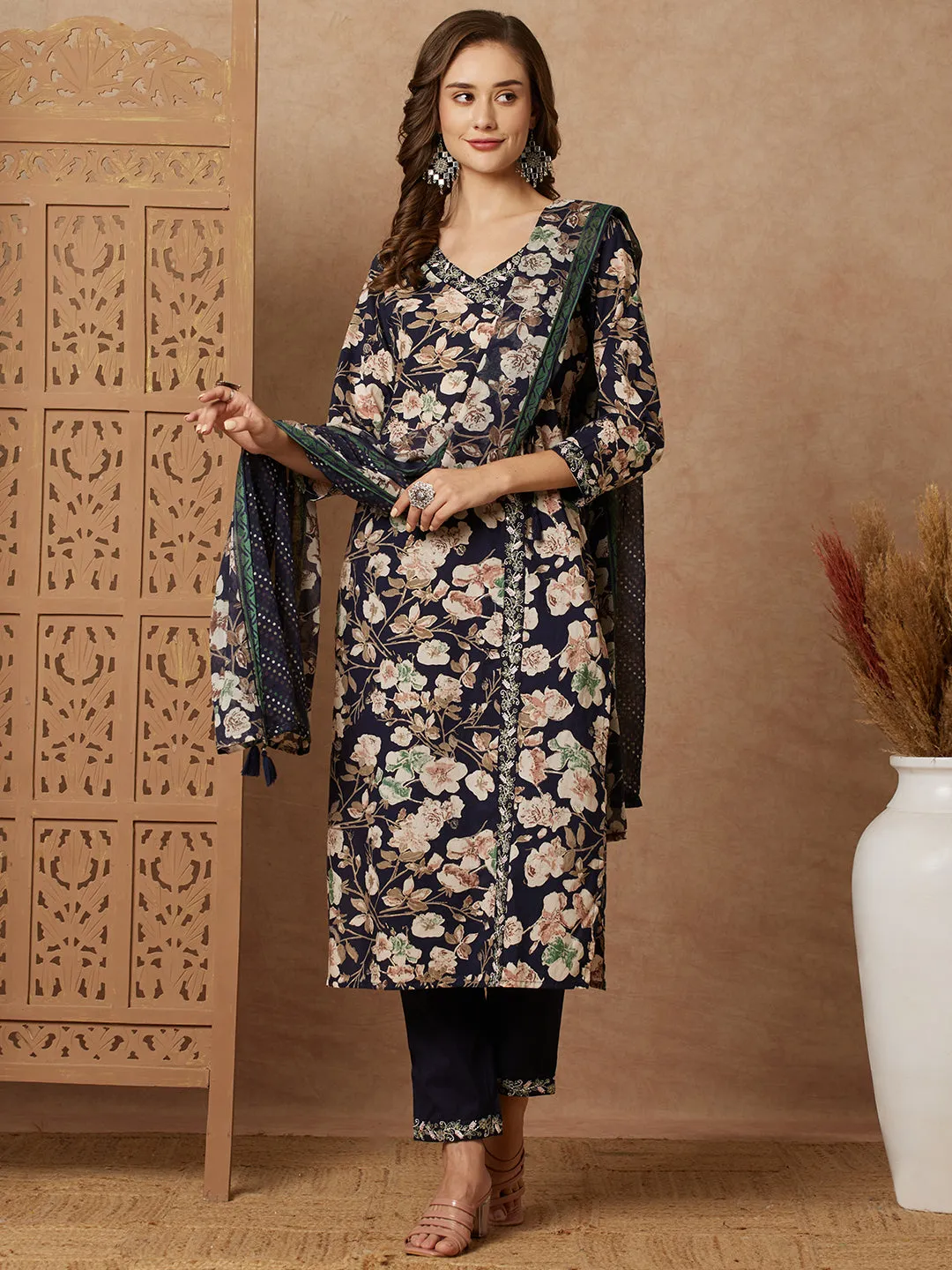 Floral Printed Straight Fit Kurta with Pant & Dupatta - Navy Blue