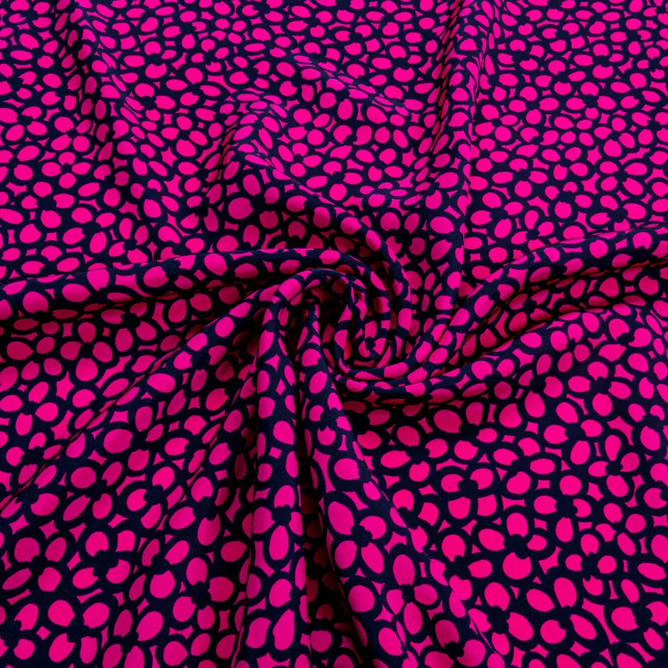 Fuchsia Pink & Black Floral Printed Silk Marocain Crêpe