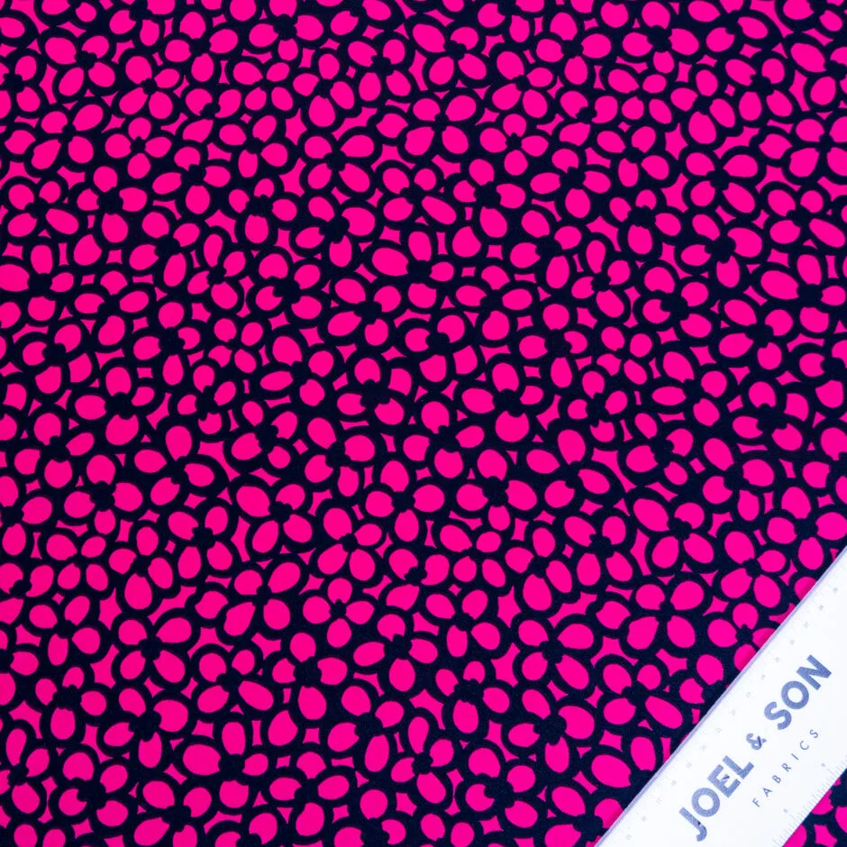 Fuchsia Pink & Black Floral Printed Silk Marocain Crêpe