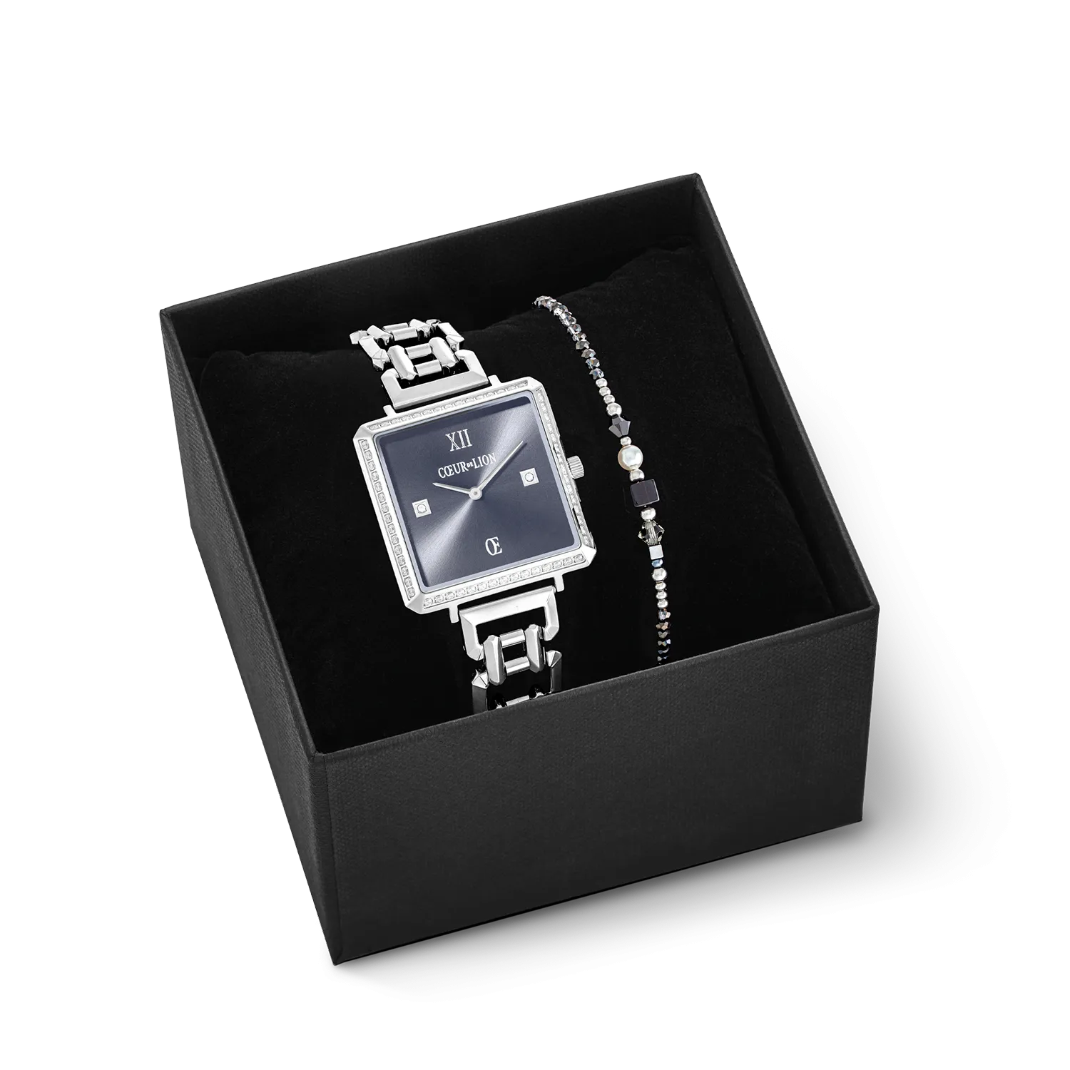 Gift Set Watch Iconic Cube Sparkling Anthracite Attraction & bracelet Square Stripes silver-black