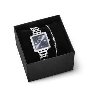 Gift Set Watch Iconic Cube Sparkling Anthracite Attraction & bracelet Square Stripes silver-black