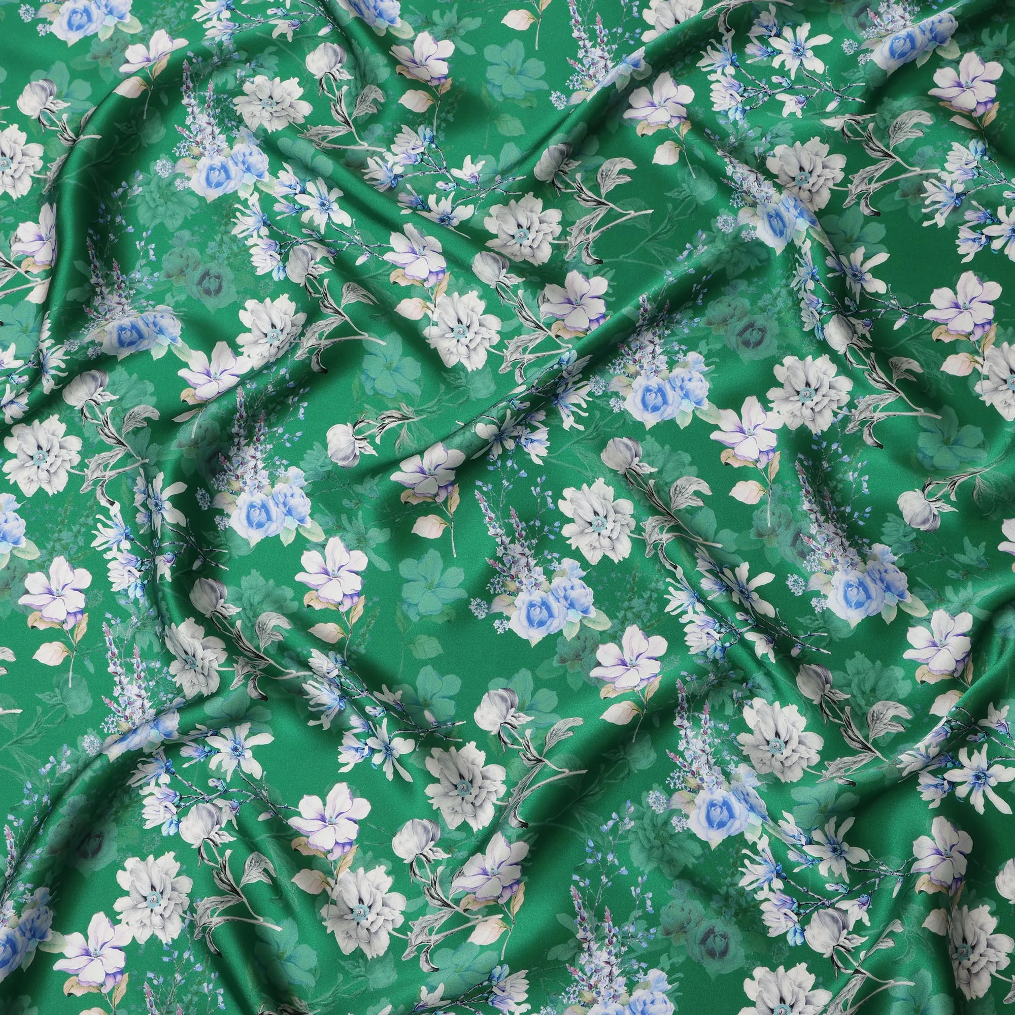 Green Floral Pure Silk Satin Fabric - 140 cm Width, Made in Italy-D20720