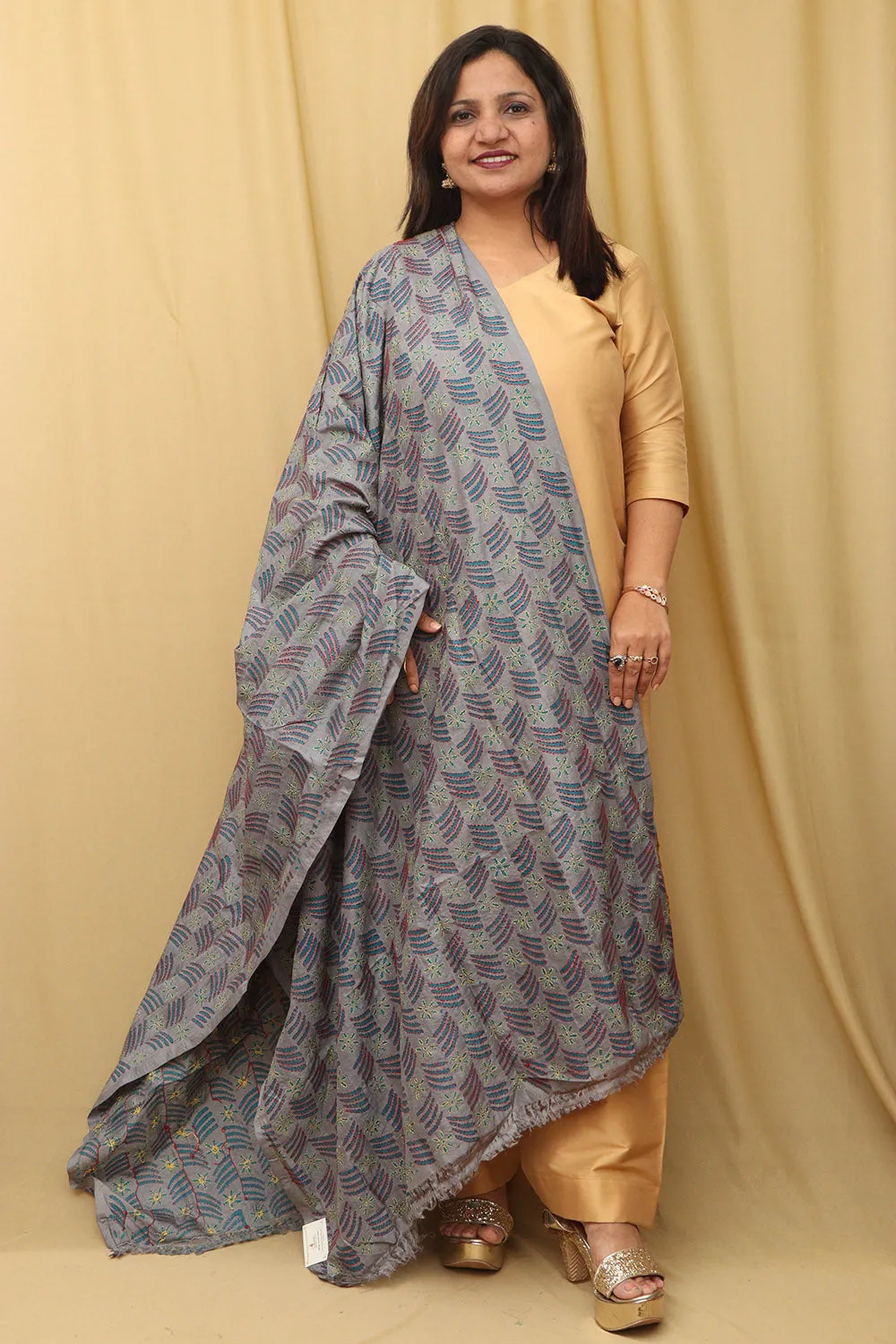 Grey Hand Embroidered Kantha Block Printed Tussar Silk Dupatta