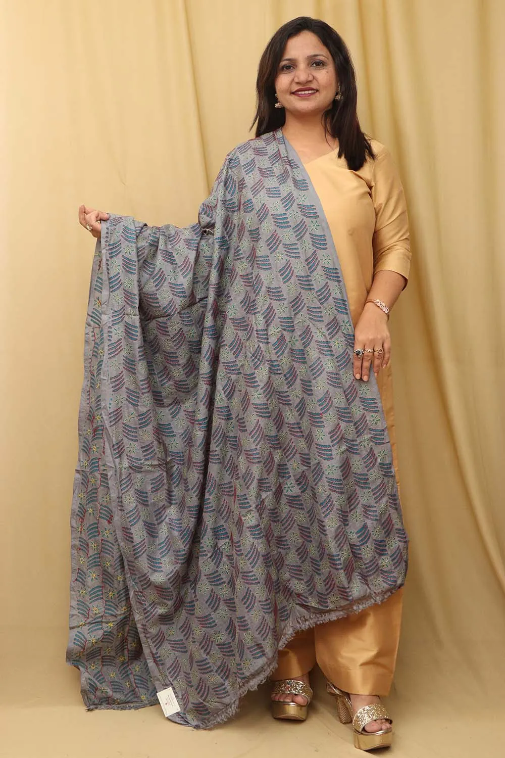 Grey Hand Embroidered Kantha Block Printed Tussar Silk Dupatta