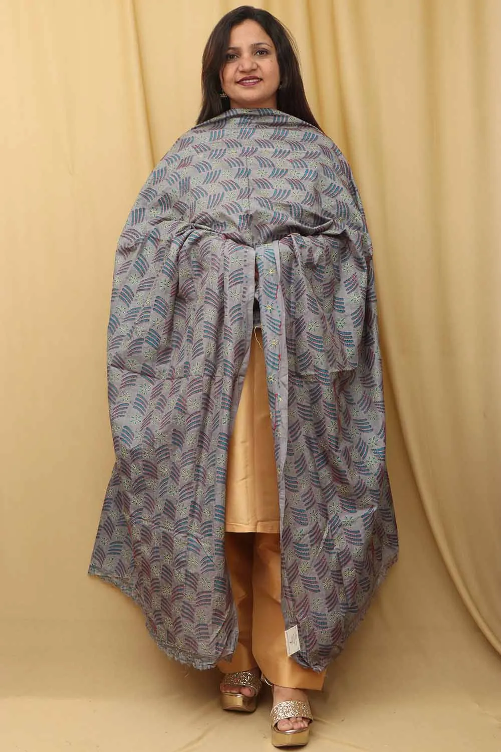 Grey Hand Embroidered Kantha Block Printed Tussar Silk Dupatta