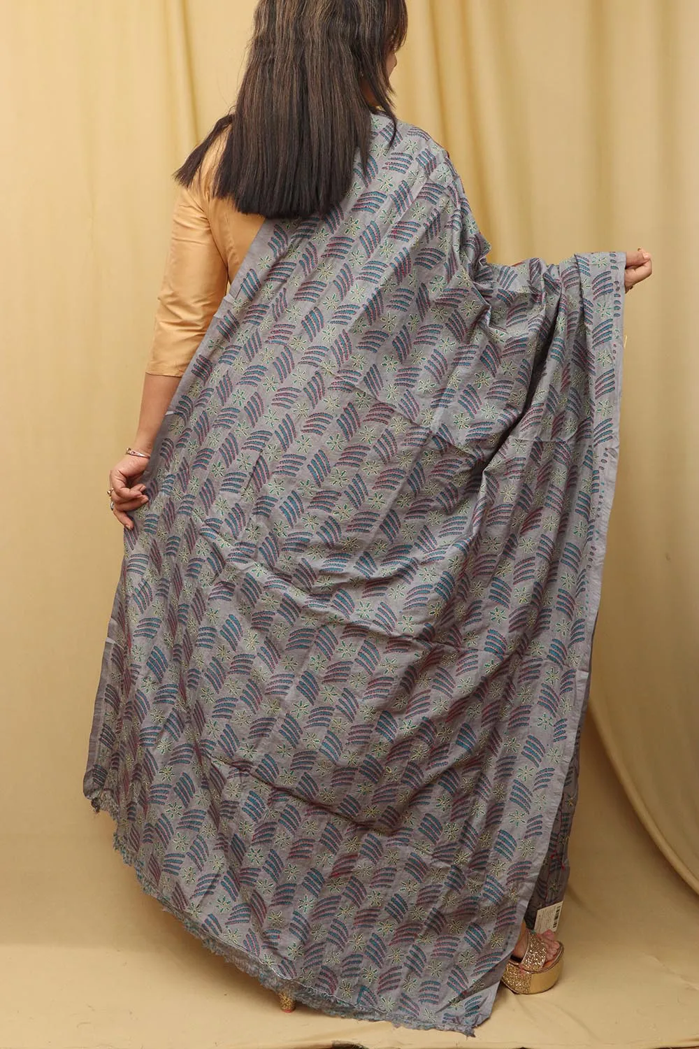 Grey Hand Embroidered Kantha Block Printed Tussar Silk Dupatta