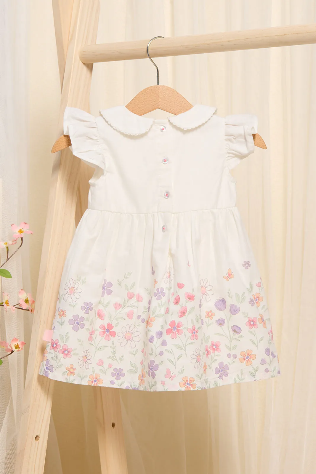 Infant Girls Ivory Floral Print Dress With Headband