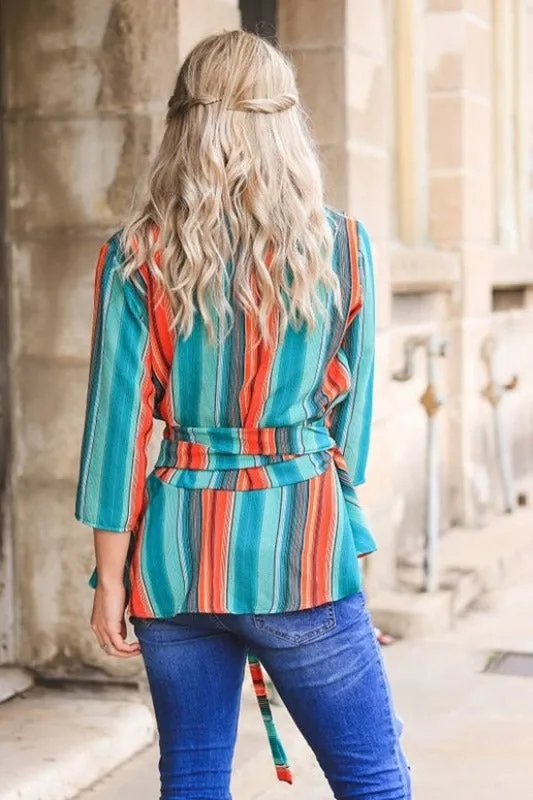 L&B Serape Belted Stripe V Neck Top - Jade Orange