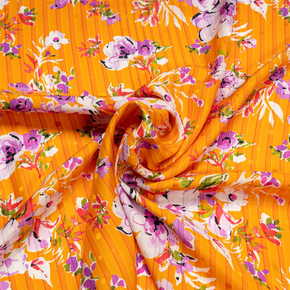 Lilac & White Floral Printed Deep Orange Striped Silk Jacquard