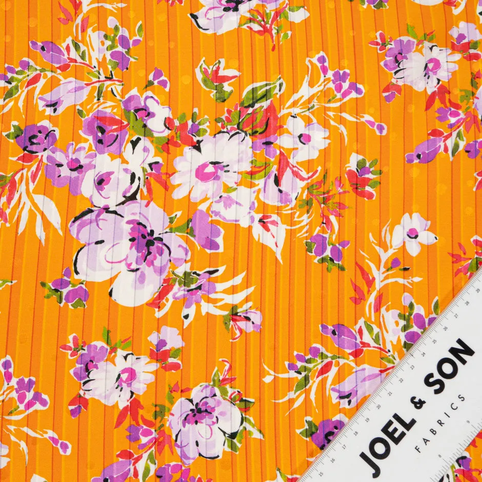 Lilac & White Floral Printed Deep Orange Striped Silk Jacquard