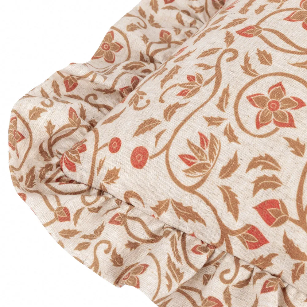 Linen Filigree Printed Ruffle Cushion Linen/Ochre