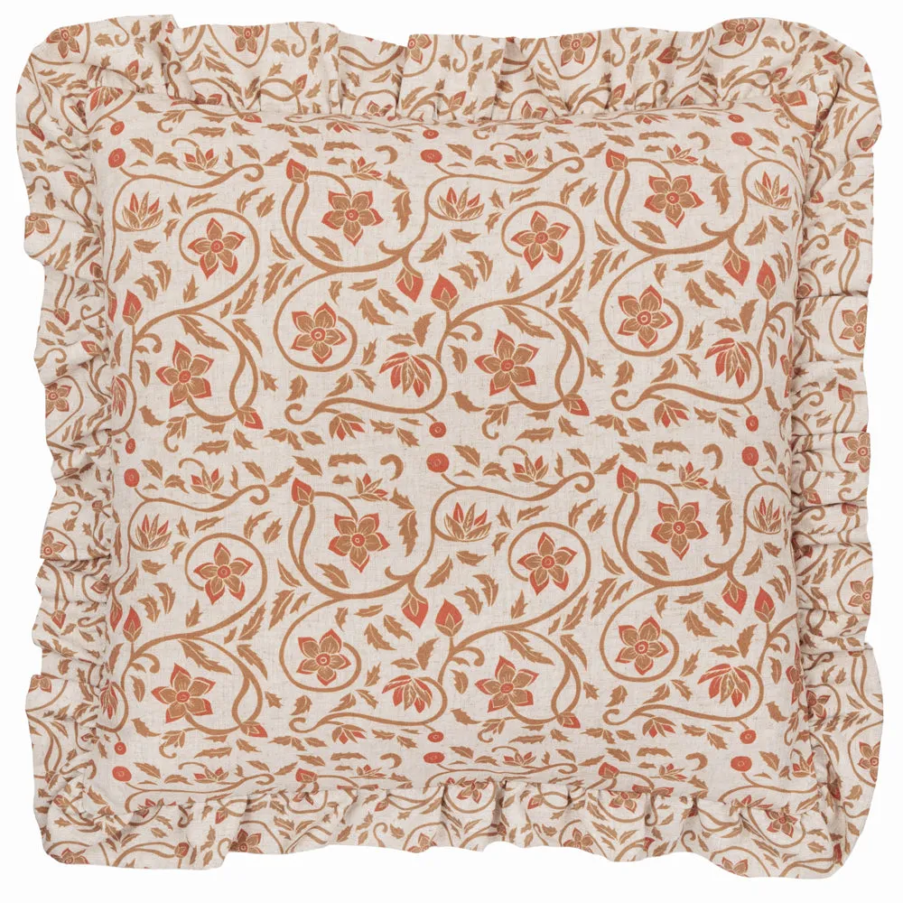 Linen Filigree Printed Ruffle Cushion Linen/Ochre