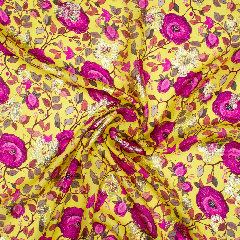 Magenta Floral Printed Canary Yellow Metallic Silk Georgette