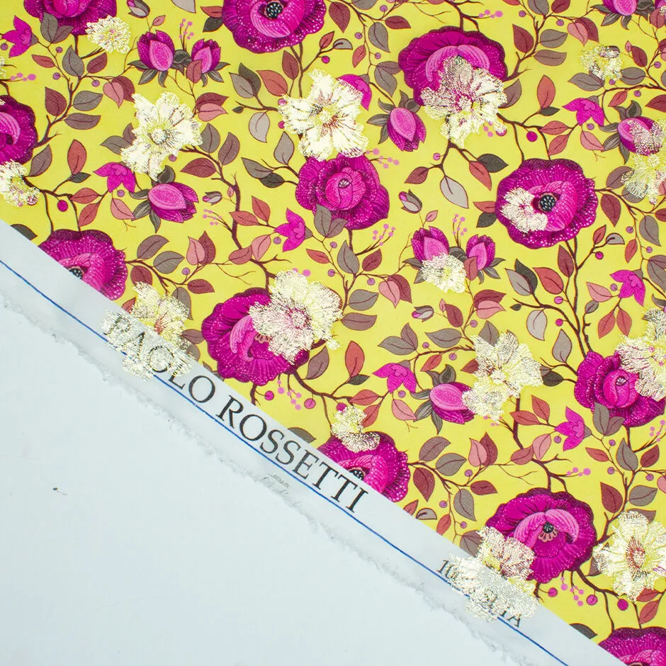 Magenta Floral Printed Canary Yellow Metallic Silk Georgette