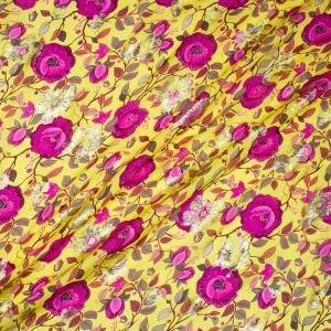 Magenta Floral Printed Canary Yellow Metallic Silk Georgette