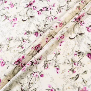 Magenta Floral Printed Cream Double Silk Crêpe (A 1.70m Piece)