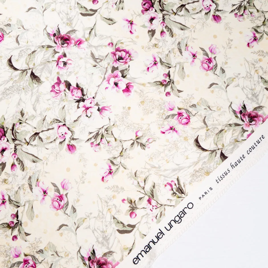 Magenta Floral Printed Cream Double Silk Crêpe (A 1.70m Piece)