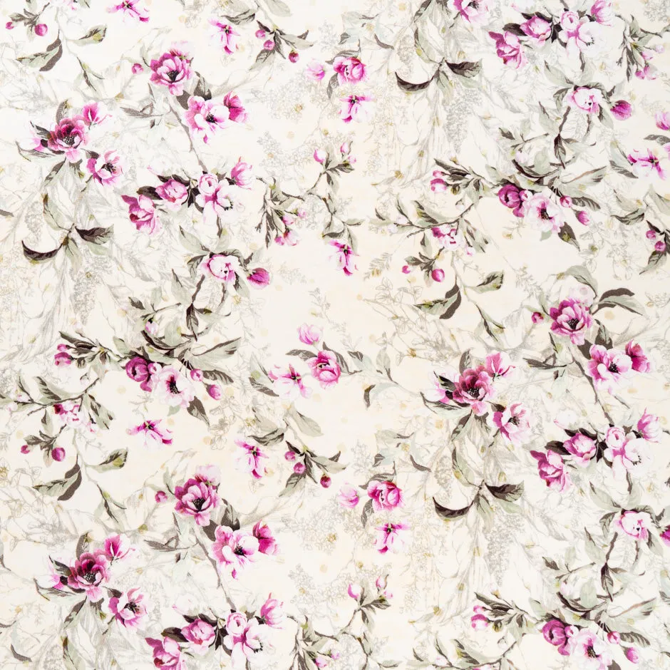 Magenta Floral Printed Cream Double Silk Crêpe (A 1.70m Piece)