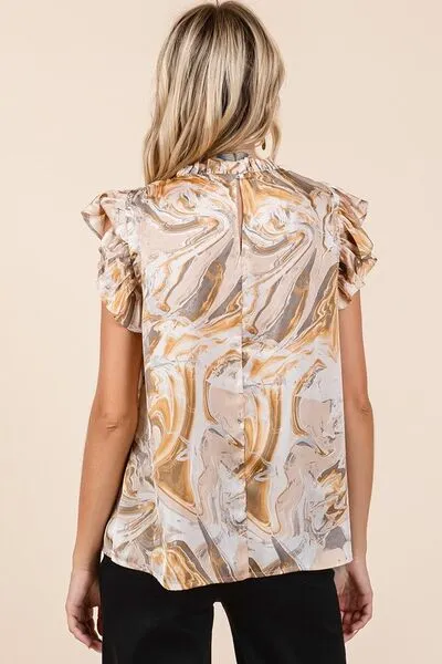 Mittoshop Abstract Print Ruffle Short Sleeve Satin Top