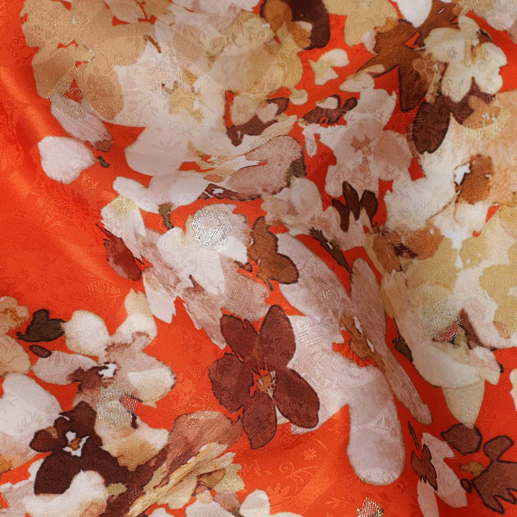 Orange Floral Silk Satin Fabric with metallic accents, Width 140 cm, South Korea-D21281