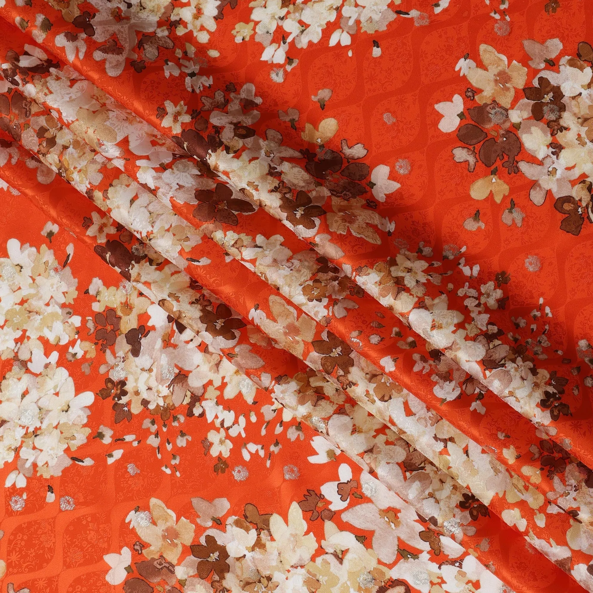 Orange Floral Silk Satin Fabric with metallic accents, Width 140 cm, South Korea-D21281