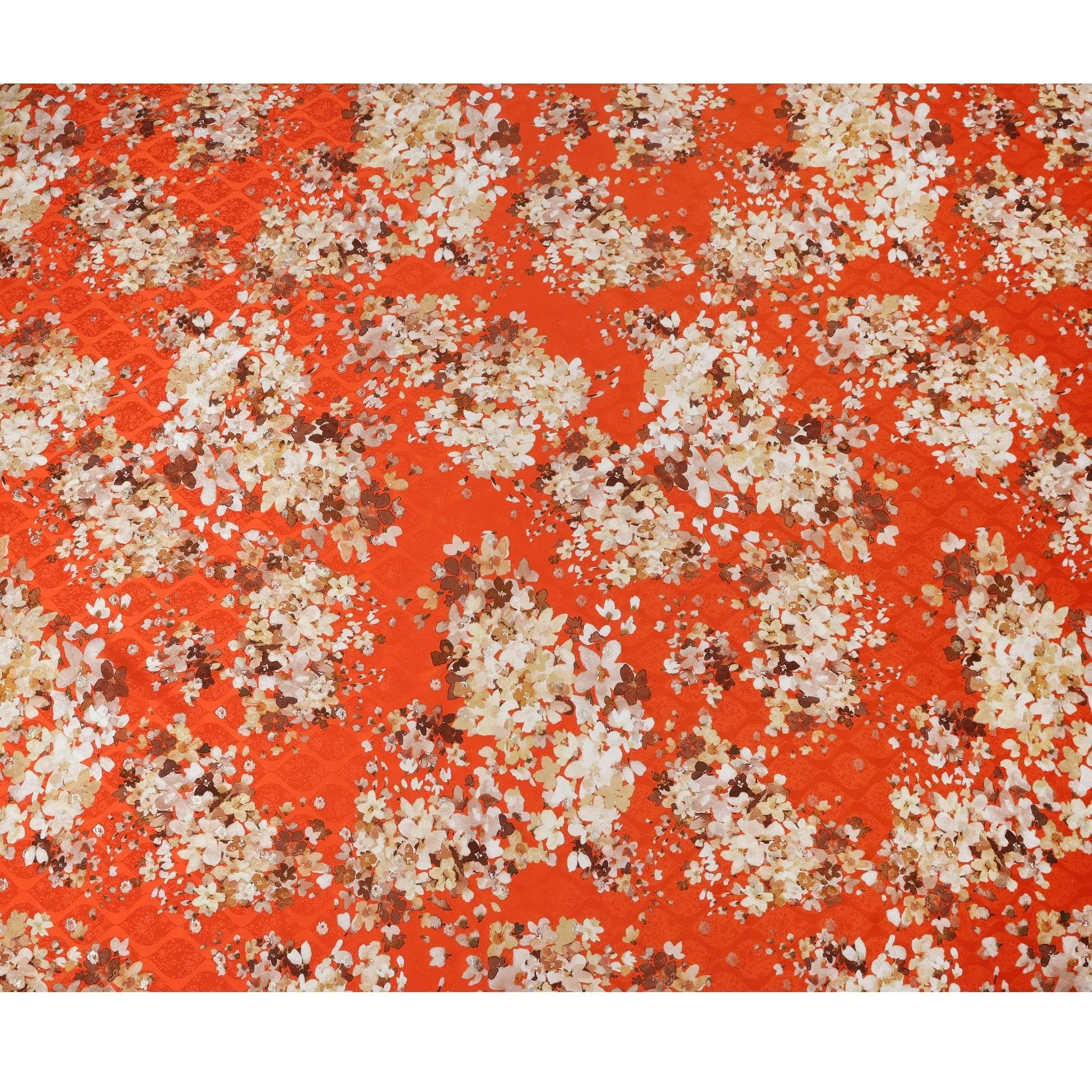 Orange Floral Silk Satin Fabric with metallic accents, Width 140 cm, South Korea-D21281