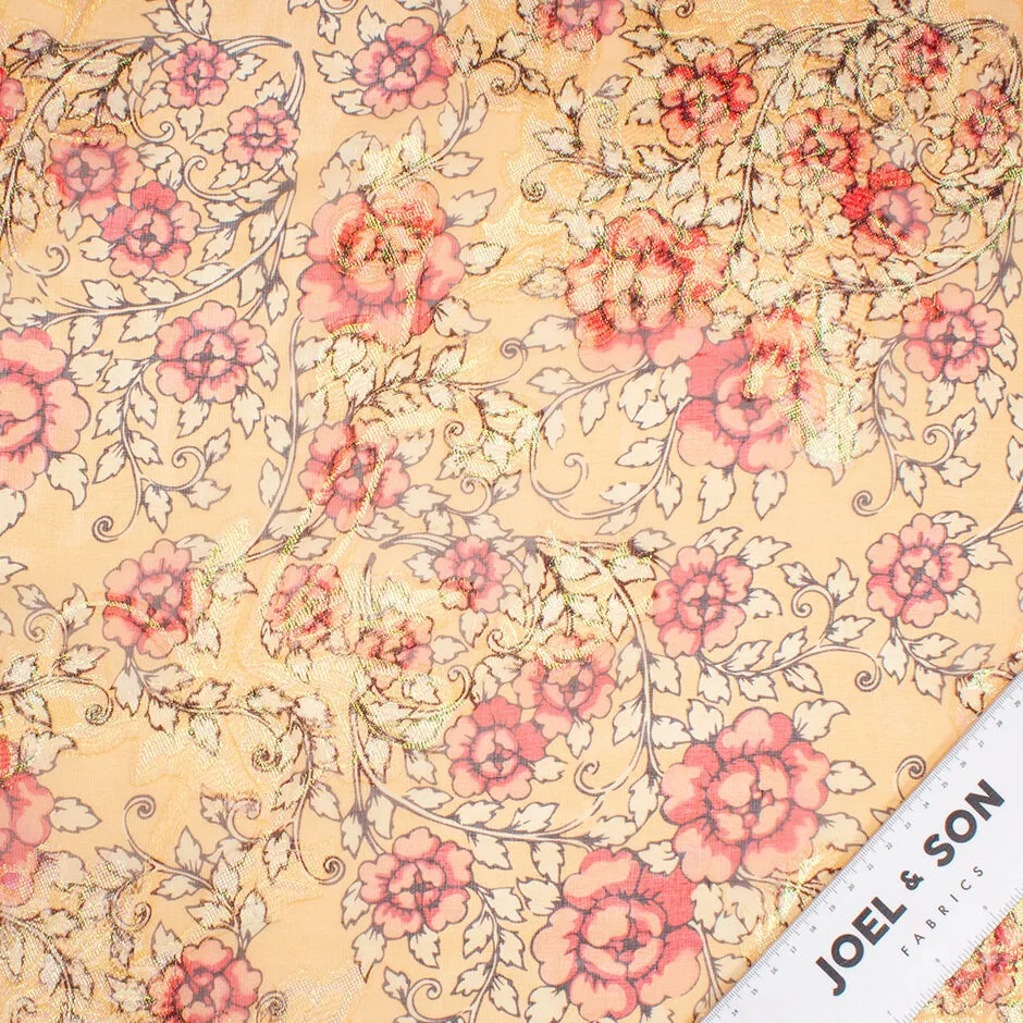 Pink Floral Printed Peach Metallic Silk Georgette