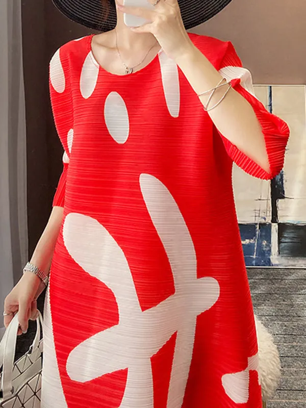 Pleated Printed Loose Three-Quarter Sleeves Round-Neck Midi Dresses