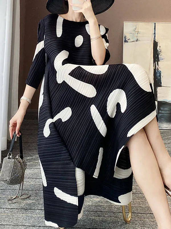 Pleated Printed Loose Three-Quarter Sleeves Round-Neck Midi Dresses