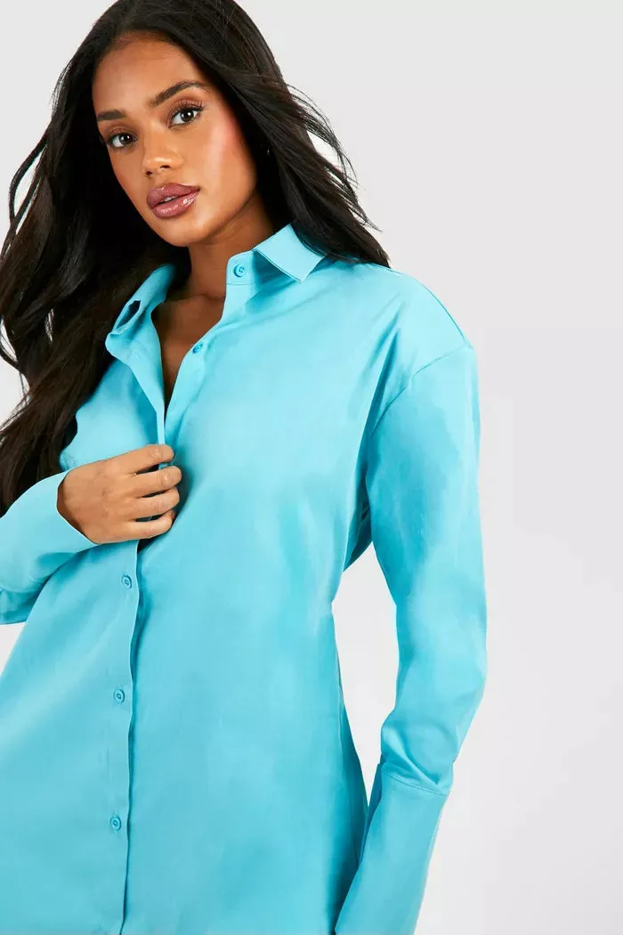 Poplin cinched wiast shoulder pad shirt dress in blue