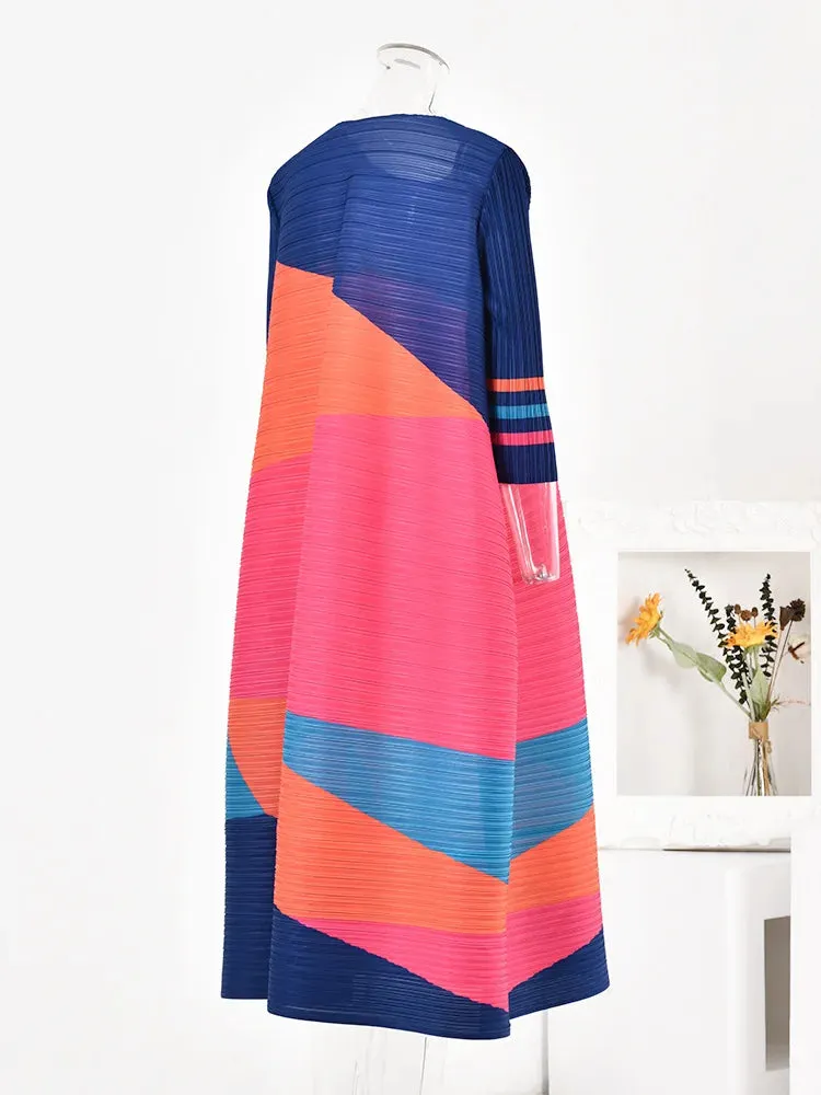 Pre Order:  O-Neck Colorblock Printed Pleated Dress