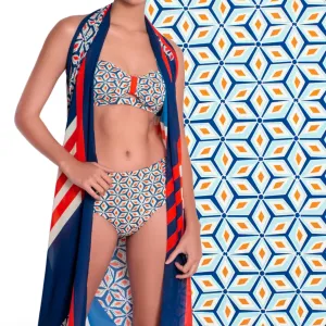 Premium Digital Printed Swimwear Lycra Design-11 Orange & Blue Diamonds