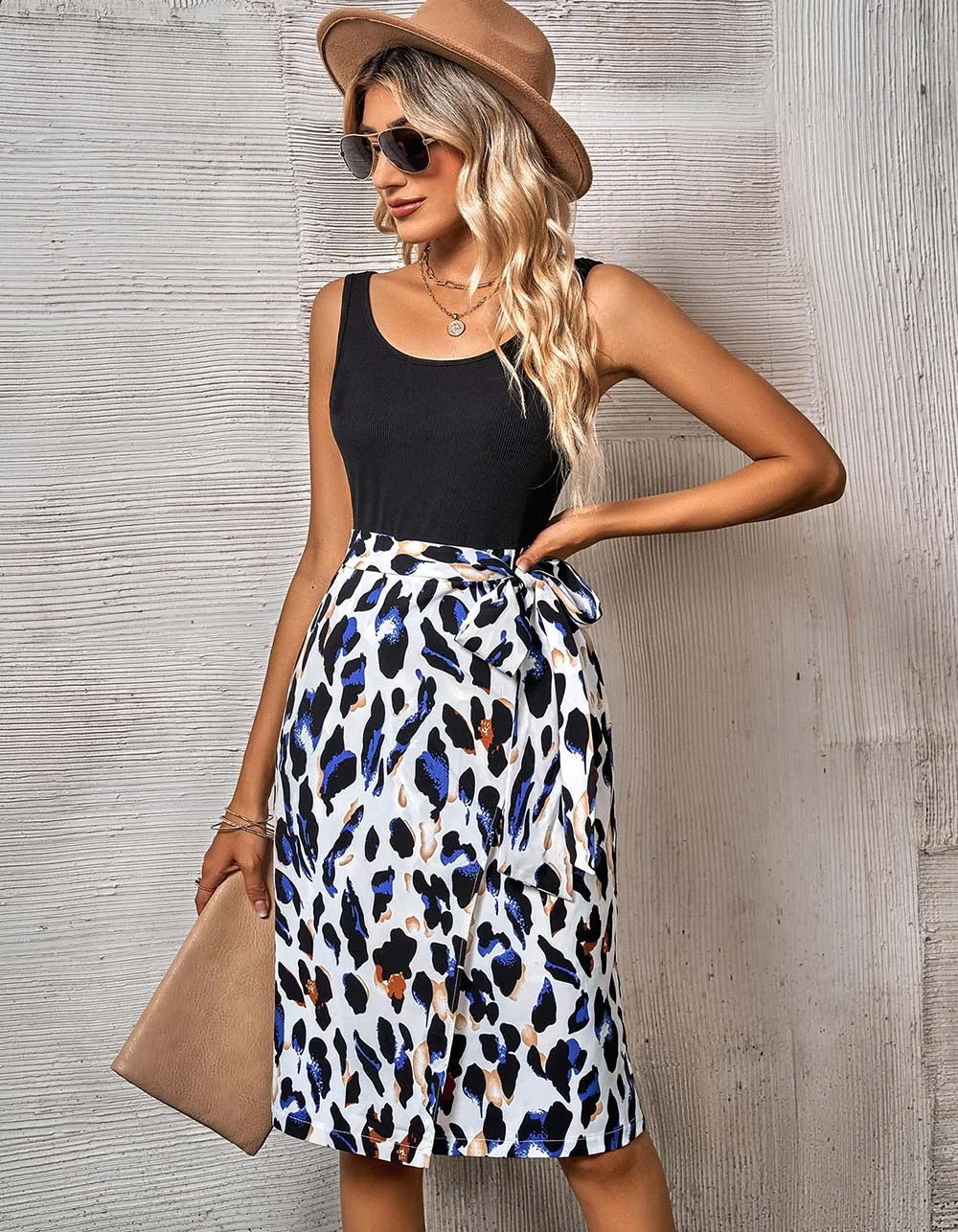 Printed Mid-Waist Round Neck Stitching Sleeveless Midi A-Line Dresses