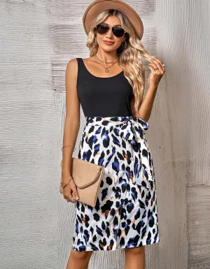 Printed Mid-Waist Round Neck Stitching Sleeveless Midi A-Line Dresses