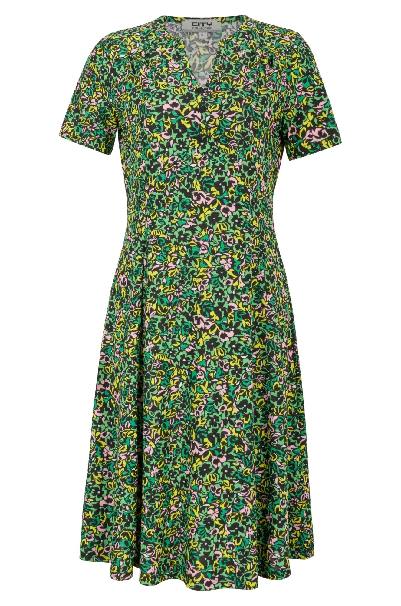 Printed Slinky Dress | Green Pink Flower | 7421A1