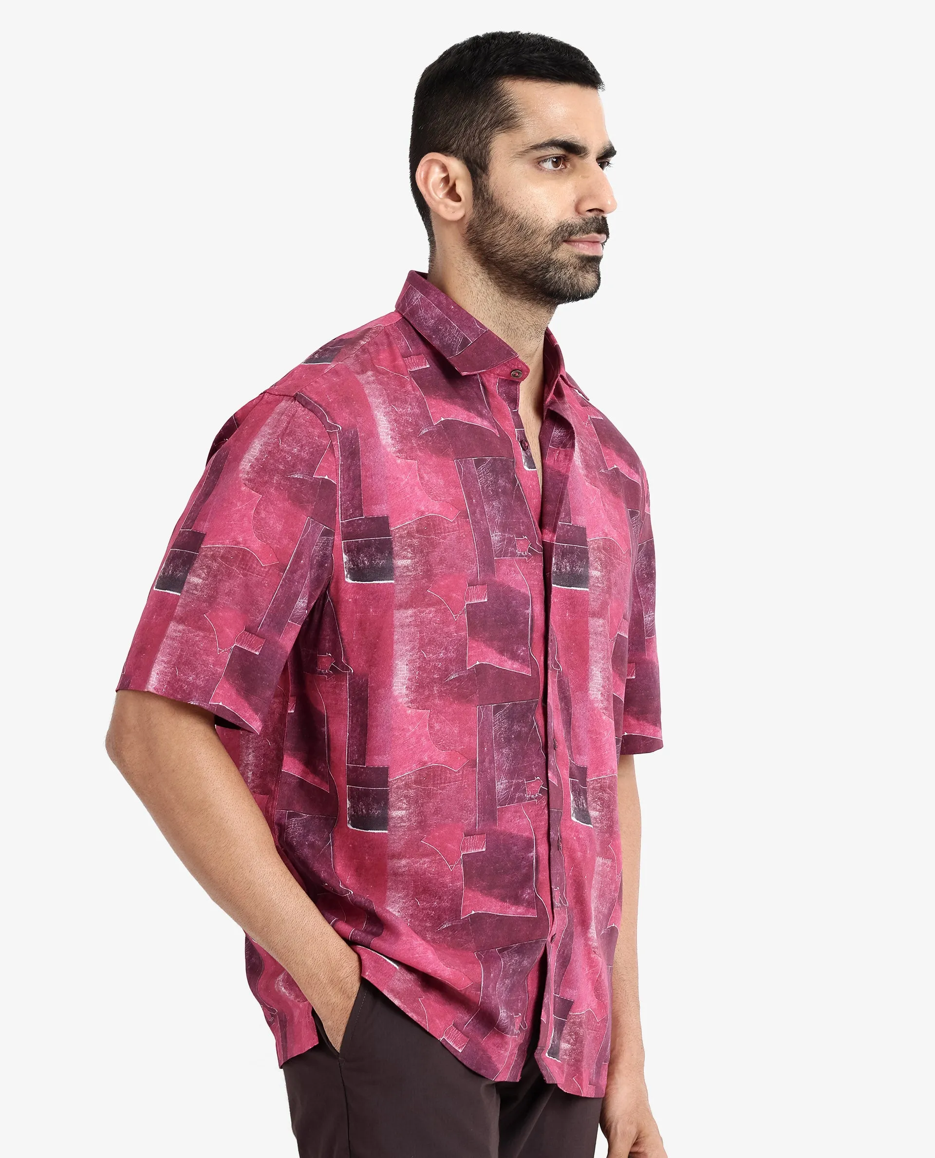 Rare Rabbit Men's Sheat Maroon Viscose Fabric Short Sleeve Regular Fit Abstract Print Shirt