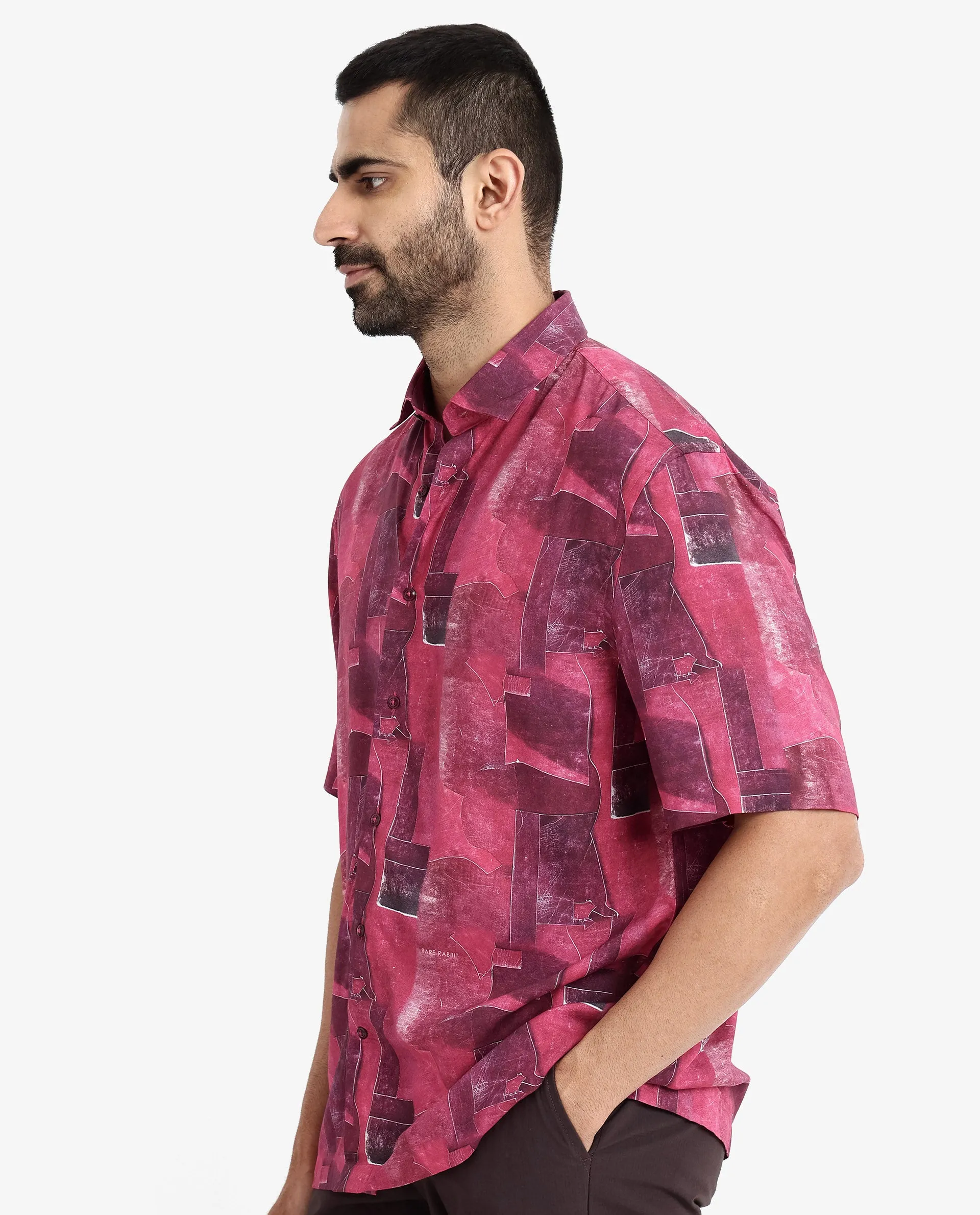 Rare Rabbit Men's Sheat Maroon Viscose Fabric Short Sleeve Regular Fit Abstract Print Shirt